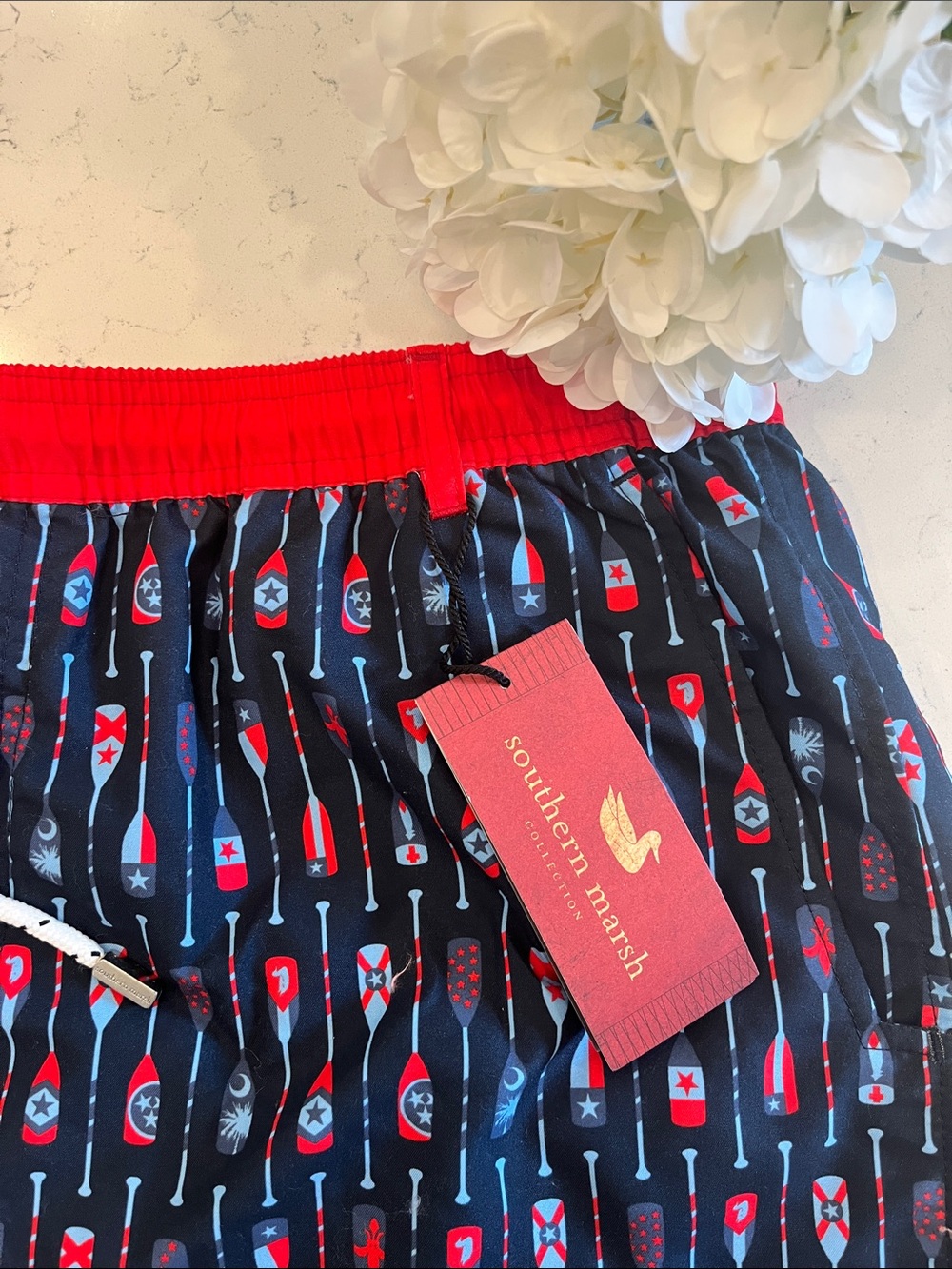 Southern Marsh Navy Swim Trunks with Red Waistband and Oar Print